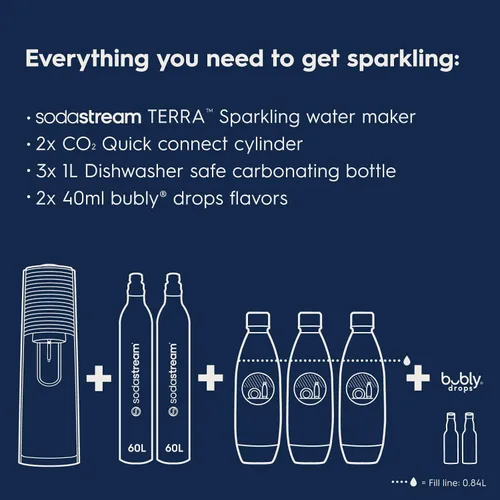 Vista 3 de SodaStream Terra - paquete para agua con gas (rojo), con CO2, botellas DWS y sabores Bubly Drops