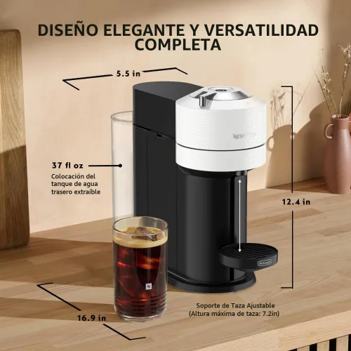 Vista 8 de Vertuo Next de Nespresso - Cafetera para café y espresso de De'Longhi, color blanco con espumador de leche Aeroccino Coffee and espresso maker by