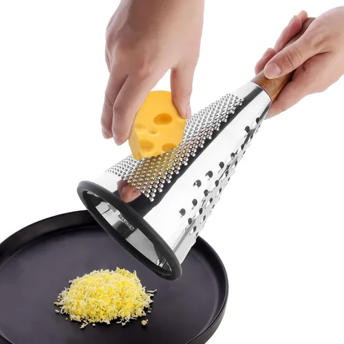 Vista 3 de Rallador de Queso Cónico con Mango - Rallador de Queso Multifuncional de Acero Inoxidable con Triple Función, Mango de Madera, Raspador