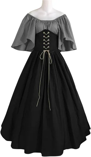 Vista 3 de SHOPESSA Disfraz medieval para mujer, vestido renacentista, vestido de baile de retazos, campesino, manga acampanada, vestido medieval con corsé