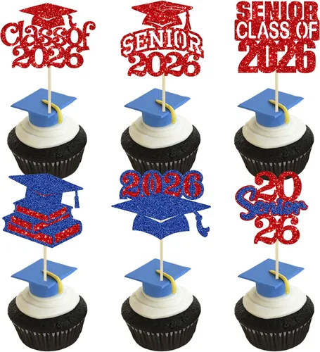 Vista 27 de Paquete de 24 adornos para cupcakes de clase 2026 con purpurina 2026 Felicidades Graduación Diploma Done Cupcake Picks 2026 Graduación Temática