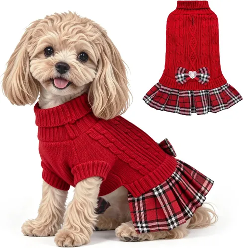 Vista 12 de WOYYHO Vestido de suéter para perro pequeño con corbatín, ropa de perro de Rosa polvoriento