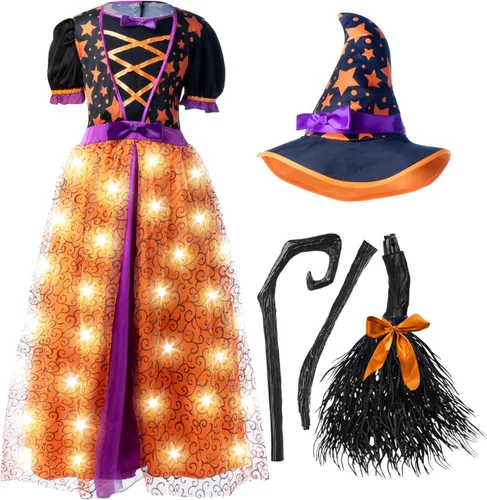 Vista 5 de Spooktacular Creations Disfraz de bruja iluminada para niñas pequeñas, disfraz de bruja de cuento de hadas para Halloween