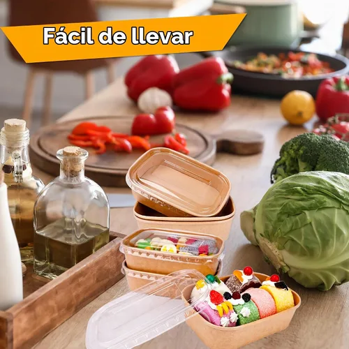 Vista 5 de 60 cuencos desechables de papel kraft a granel, rectángulo, extragrueso, a prueba de fugas, recipiente de alimentos con tapa de plástico