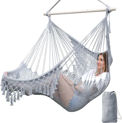 Vista 12 de Chihee Hamaca Silla de malla tejida hecha a mano Asiento colgante Barra esparcidora de metal