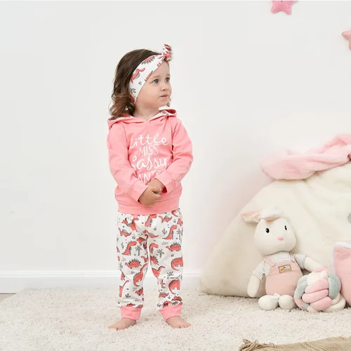 Vista 2 de Conjunto de ropa para bebé niña de 3 piezas, manga larga, sudadera con capucha, camisa, pantalones de dinosaurio, diadema