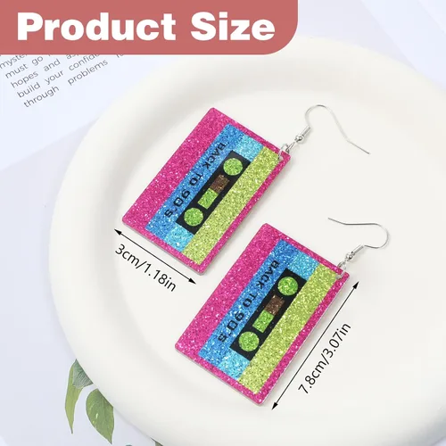 Vista 2 de Neon Earrings 80s 90s Earrings for Women Retro Acrylic Cassette Tape Style Radio Drop Earring Neon Jewelry for 80s90s Halloween Cosplay Glow Party