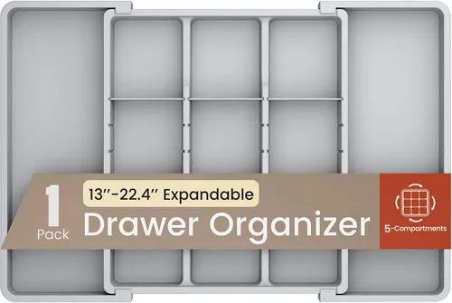 Vista 8 de Organizador de cajones de utensilios expandible negro, 1 paquete, ajustable de 13 a 22.4 pulgadas, organizador de cubiertos de 5 compartimentos