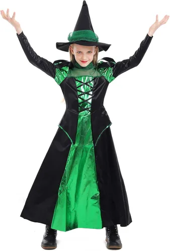 Vista 2 de LMYOVE Disfraz de bruja gótica para niñas, conjunto de disfraz de bruja de Halloween con sombrero