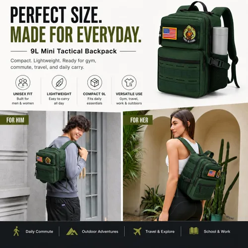Vista 3 de Mini mochila táctica de 9L para hombres y mujeres, mochila táctica militar pequeña para deportes, gimnasio, senderismo, viajes, camping, Verde Verde