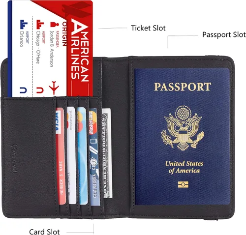 Vista 4 de Casmonal Funda para pasaporte con bloqueo RFID de cuero, porta tarjetas, organizador de documentos de viaje.