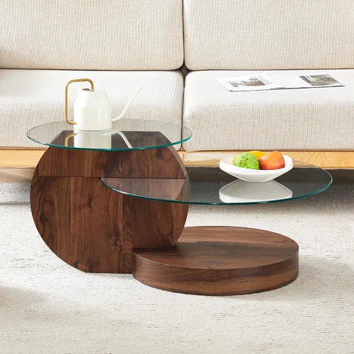 Vista 4 de Ebullient Mesa de centro redonda moderna de cristal, 3 niveles con base de madera, mesa central geométrica para sala de estar, muebles de acento