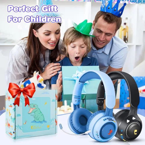 Vista 6 de QearFun Auriculares Bluetooth plegables para niños pequeños, 9 luces LED coloridas inalámbricas de dinosaurio con micrófono y conector de 0.138 in