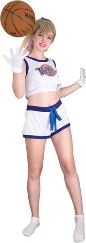 Vista 4 de Cosplay.fm Disfraz de conejito para mujer, atuendo completo con pantalones cortos, guantes de cola de conejo