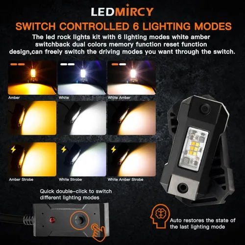Vista 2 de LEDMIRCY Switchback Kit de Luces LED para Rocas Blanco/Ámbar Estroboscópicas con Arnés de Cableado 8 Módulos 6 Modos Función de Reinicio Función