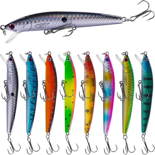 Vista 12 de Kit de señuelos de pesca, juego de cebos duros, pececillos, cebos de baño, lápiz de pesca artificial, kit de cebo de pesca para lubina, trucha
