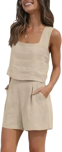 Vista 3 de Conjunto corto de 2 piezas para mujer, conjuntos de verano a juego, camisetas cortas de lino y algodón con bolsillos