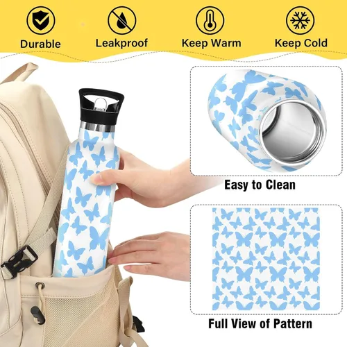 Vista 4 de BPA-Free Leak Proof Sports Water Bottle with Straw Lid Fashion Blue Butterfly White Vacuum Insulated for Travel and Sports botellas de acero