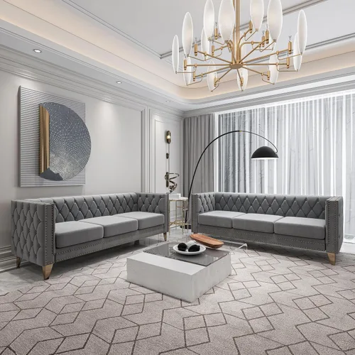 Vista 8 de Sofá moderno de terciopelo de 3 plazas, beige de 80 pulgadas con botones copetudos, con brazos cuadrados, para sala de estar, tapizado con botones
