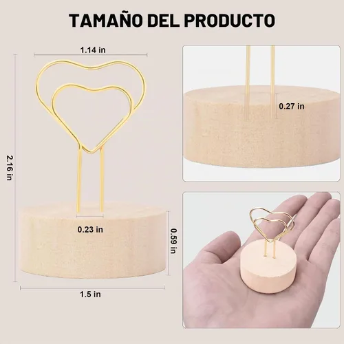 Vista 2 de Oubest Soportes dorados para números de mesa y tarjetas de lugar con alambre de metal en forma de corazón y base de madera, 10 soportes
