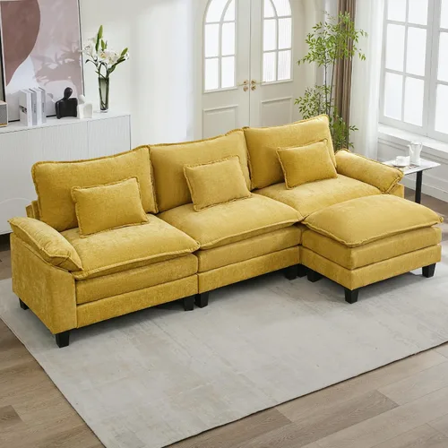 Vista 65 de URRED - Sofá seccional modular tipo nube, cómodo sofá cama de chenilla moderna con asientos profundos y otomán/almohadas para sala de estar