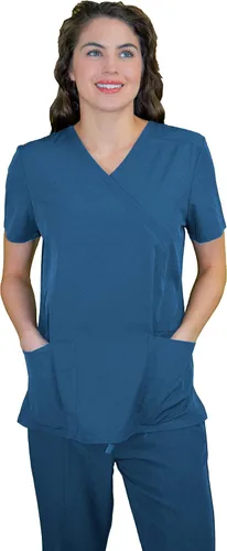 Vista 8 de Green Town Ropa quirúrgica para mujer – Mock Wrap Cuello en V, 3 bolsillos, ligera, tela elástica, fácil cuidado Negro