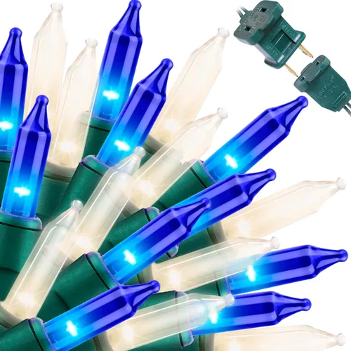Vista 38 de LAMPHOME Guirnalda de luces LED de estrella roja, blanca y azul, 20 luces LED de hadas con cable transparente, 3 AA impermeables, 8 modos, luces