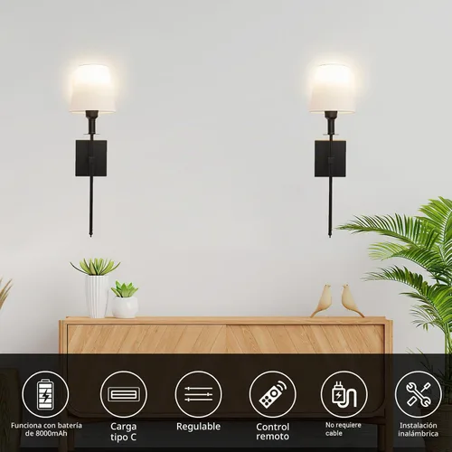 Vista 6 de Juego de 2 apliques de pared a pilas, luz de pared recargable negra con control remoto inalámbrico regulable, 12 modos de color, aplique de batería