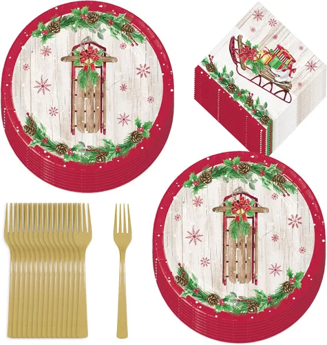 Vista 10 de HOME & HOOPLA Platos y servilletas de papel grandes para fiesta de Navidad, diseño calmado y brillante en verde y dorado moderno (para 16 personas)