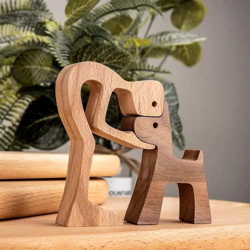 Vista 5 de Figuras decorativas de madera para hombres y perros, decoración del hogar, escultura de madera, estatua de cachorro y humana, escultura de oficina