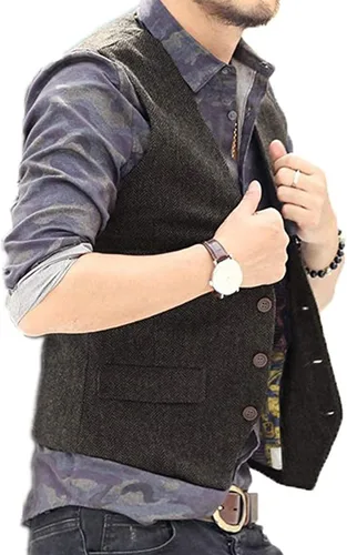 Vista 3 de Chaleco de vestir para hombre, talla grande, con 3 bolsillos, estilo casual, espiga, tweed, ajustado, chaleco sin mangas, para fiesta de graduación