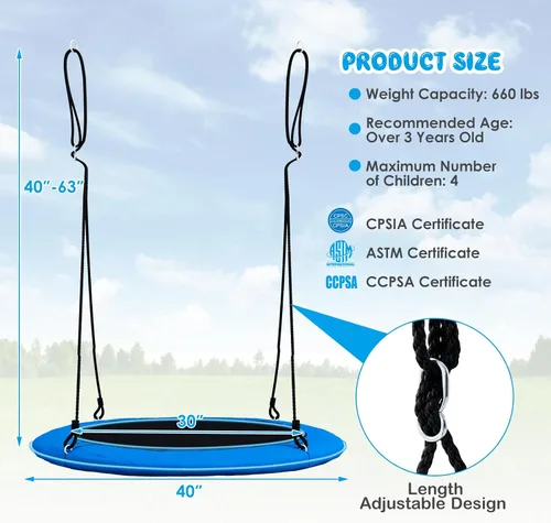 Vista 6 de Costzon Columpio de árbol de 40 pulgadas con luces LED para niños y adultos, columpio de platillo volador para interiores y exteriores con cuerdas