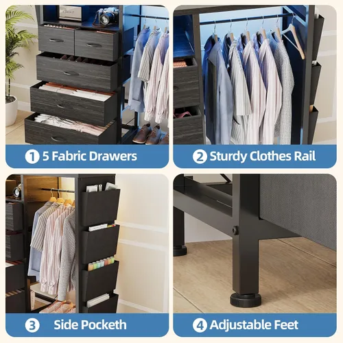 Vista 6 de Espelism Cómoda para dormitorio con perchero, bolsillos laterales, cómoda de 5 cajones con estación de carga, luces LED, cómoda de almacenamiento