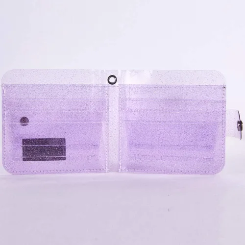 Vista 4 de Cartera transparente para mujer, cartera plegable con cordón, bonita funda para identificación, Morado, S, Cartera de viaje