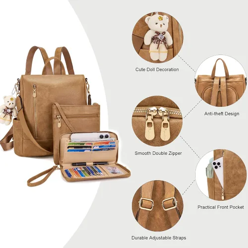 Vista 4 de Soperwillton Mochila de moda para mujer, bolso de hombro de cuero antirrobo, bolsa de viaje, múltiples bolsillos, cartera, juego de 3 piezas