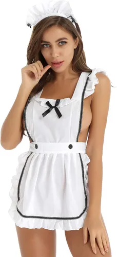 Vista 4 de YiZYiF Conjunto de uniforme de sirvienta sexy para mujer lencería delantal de cosplay