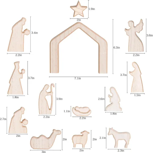 Vista 3 de NEROSUN - Juego de escenas de la Natividad, 13 figuras de madera en miniatura de la Sagrada Familia y el pesebre, figuras minimalistas, bohemias