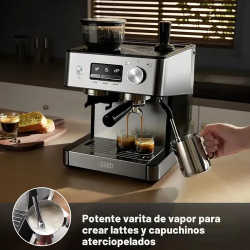 Vista 5 de Gevi Máquina de café expreso de 20 barras con molinillo integrado y espumador de leche, cafetera profesional para el hogar, capuchino, café