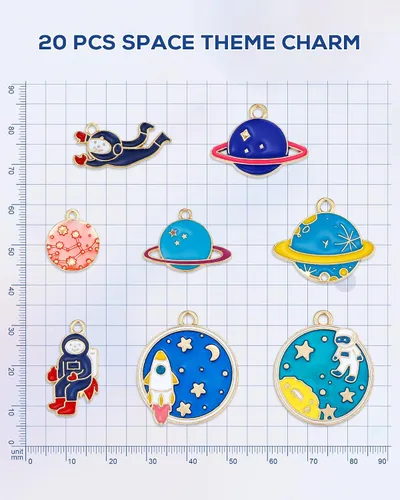 Vista 2 de Abalorio con temática espacial, chapado en oro, surtido de esmalte mixto de astronauta Júpiter, cohete, planeta, celestial, colgante para bricolaje