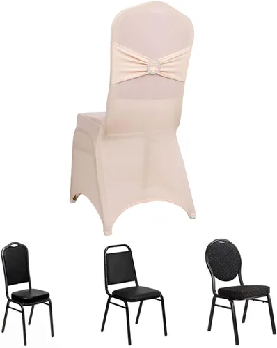 Vista 55 de Efavormart - Funda para silla de banquete de elastano beige con banda de hebilla de diamantes de imitación plateados, funda elástica para silla
