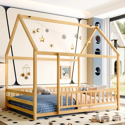 Vista 17 de Harper & Bright Designs Marco de cama de piso de casa de tamaño individual con barandillas de techo y valla, cama Montessori de madera maciza, fácil
