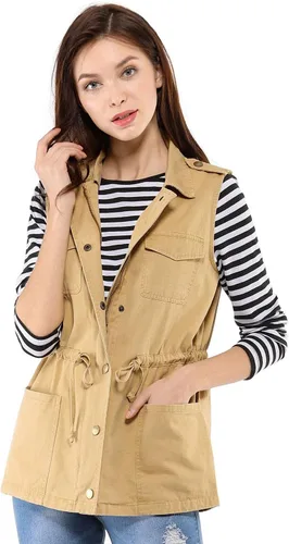 Vista 4 de Allegra K Chaqueta para mujer sin mangas con cierre, utilitaria, anorak, para uso en campo, chaleco de carga