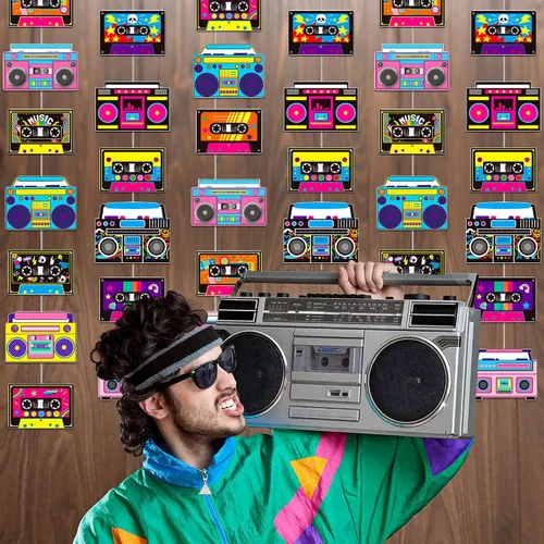 Vista 4 de Guirnalda de cinta de casete y caja de pluma, 6 unidades de decoraciones de fiesta de los años 80, cinta de casete de radio retro, guirnalda
