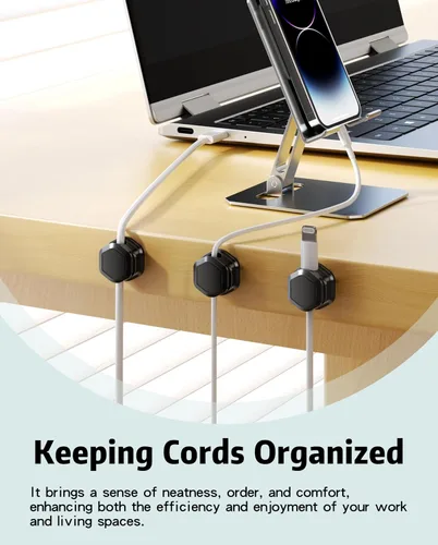 Vista 2 de 6 Pack de clips magnéticos para cables [Cable liso ajustable] Organizador de cables - Cuworlis soporte adhesivo para cables, soporte para cables
