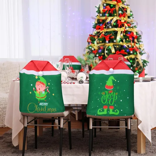 Vista 4 de Ganeen 6 Piezas Fundas Navideñas para Sillas Cuadros Buffalo Fundas para Sillas de Comedor Sombrero de Papá Noel Zapatos Fundas Deslizantes