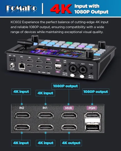 Vista 2 de FoMaKo Conmutador Mezclador de Video HDMI 4K, Pantalla LCD FHD de 5.5 Pulgadas, Conmutador de Transmisión en Vivo HDMI de 4 Canales, Entrada 4K