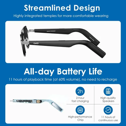 Vista 6 de GetD AI Smart Glasses Aviator, traducción en tiempo real, gafas Bluetooth AI Sunglasses for Women Men, Polarized Lens, Bluetooth Open Earbuds, 11H