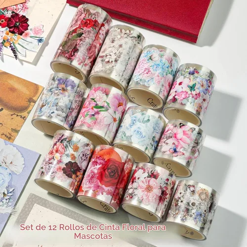 Vista 2 de Juego de 12 Rollos de Cinta Washi Floral de PET y Pegatinas de PET – Fácil de Usar para Journaling y Elaboración de Tarjetas, Ideal para 12 rollo