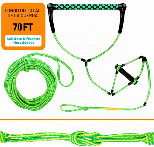 Vista 5 de Obcursco Cuerda Wakeboard, línea de deportes acuáticos con mango EVA. Ideal para esquí acuático, wakeboard, rodillera 2 secciones verde y amarillo