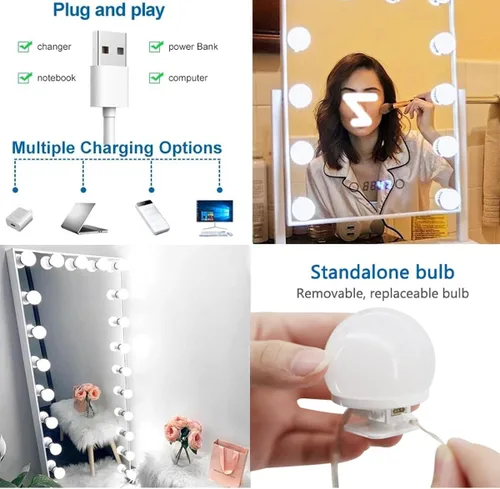 Vista 8 de Luces de espejo regulables, luces LED estilo Hollywood con 10 bombillas, luces de tocador alimentadas por USB para espejo, tocador, dormitorio
